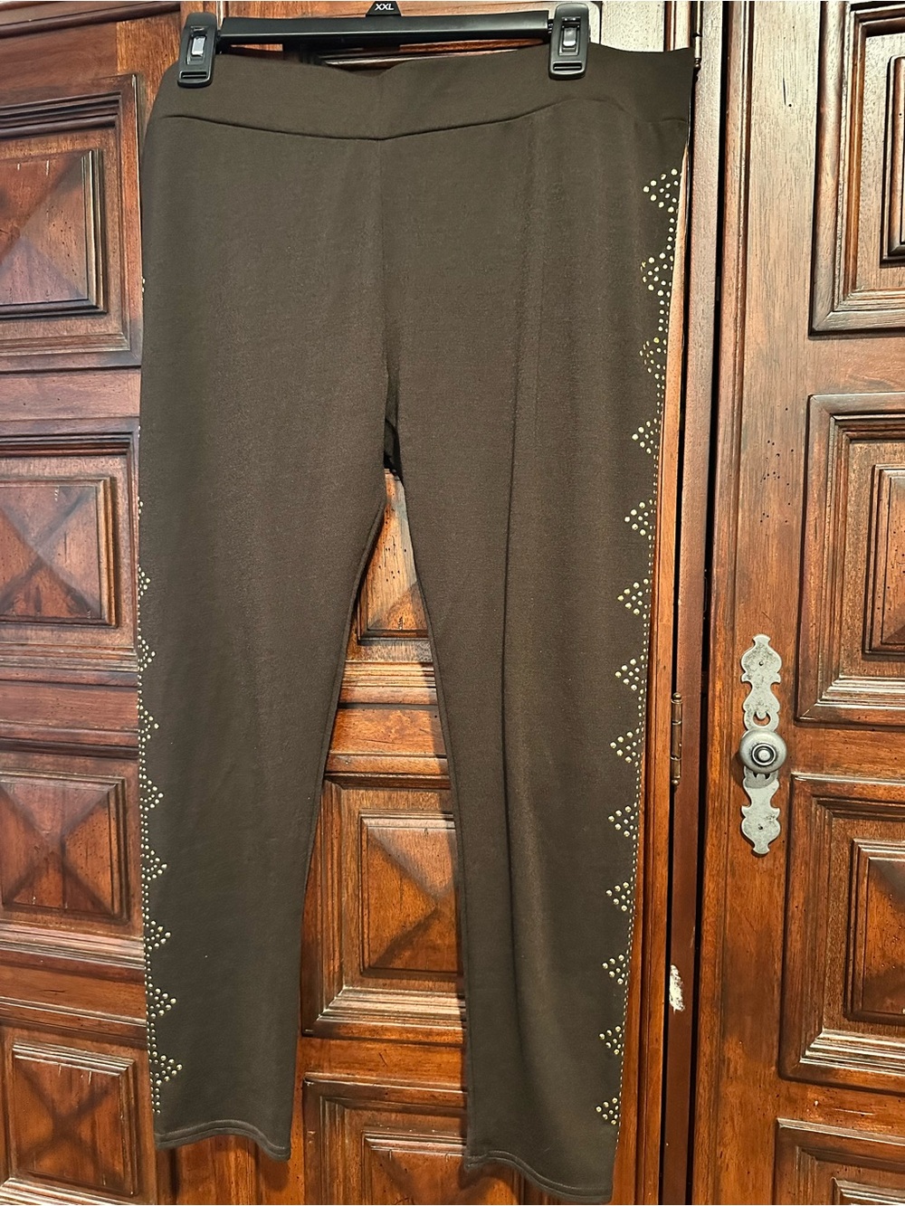 3X Brown Stretch Knit Leggings with Side Gold Stud Detail Western
